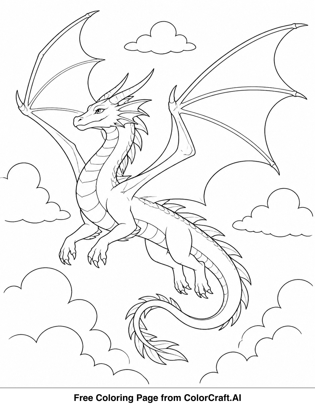 Line drawing of a powerful dragon with large wings flying high above clouds.