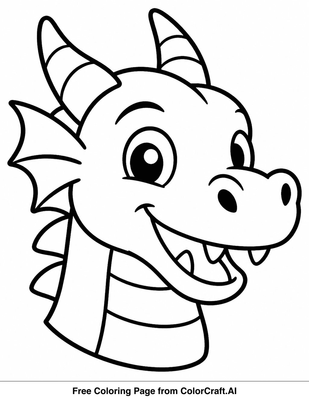 Line drawing of a simple dragon head with large eyes and friendly expression for coloring.