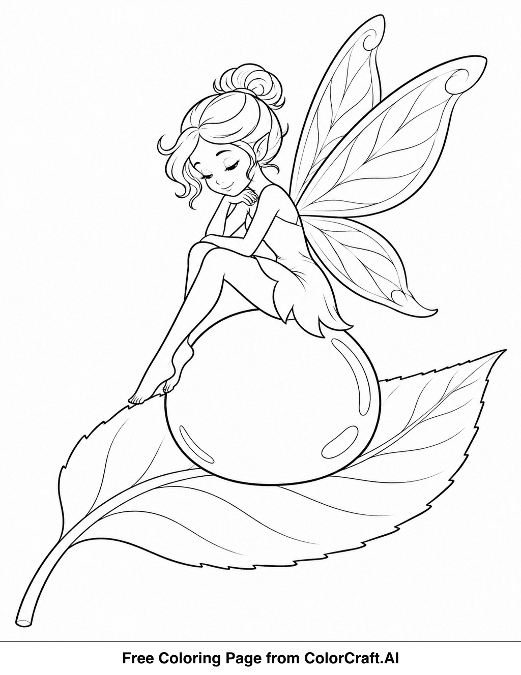 Line drawing of a fantasy fairy sitting on a large dewdrop, which is balanced on a leaf. Fantasy illustration.