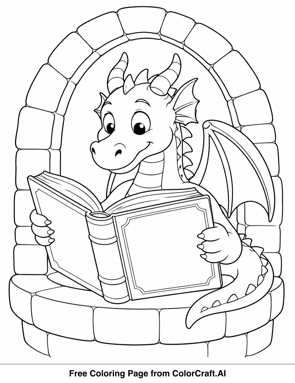 Line drawing of a friendly dragon sitting in a tall tower window, reading a very large book.