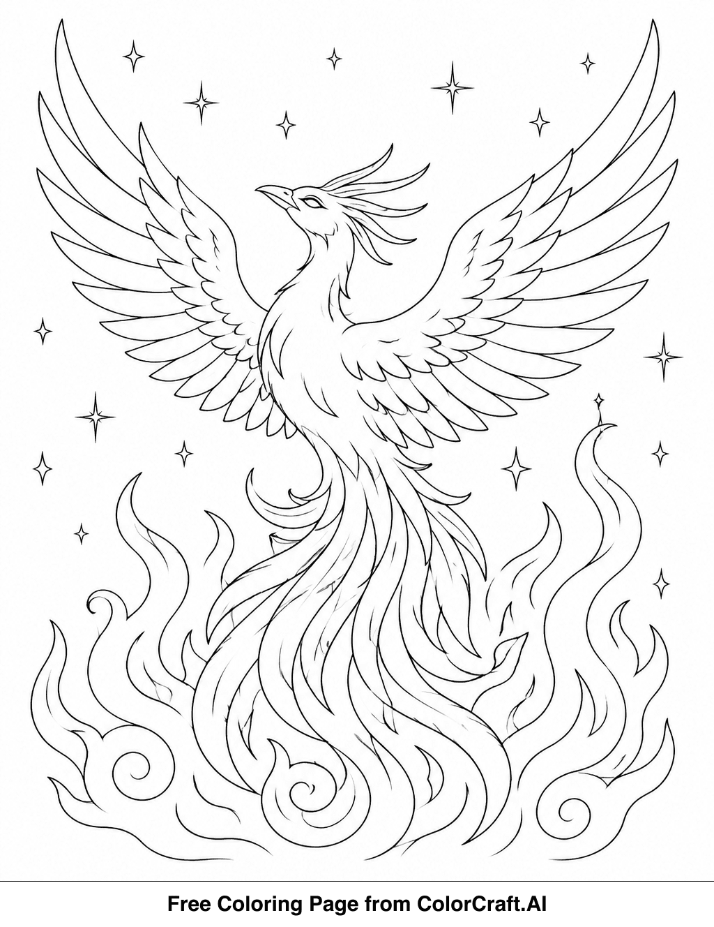 Line drawing of a majestic phoenix rising from stylized flames, set against a starry sky.