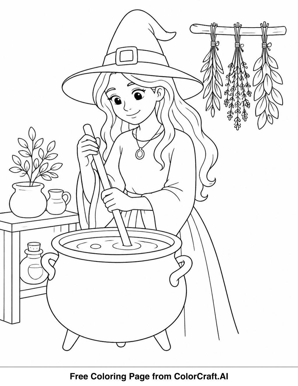 Line drawing of a smiling witch stirring a large pot in a cozy kitchen, surrounded by hanging plants.