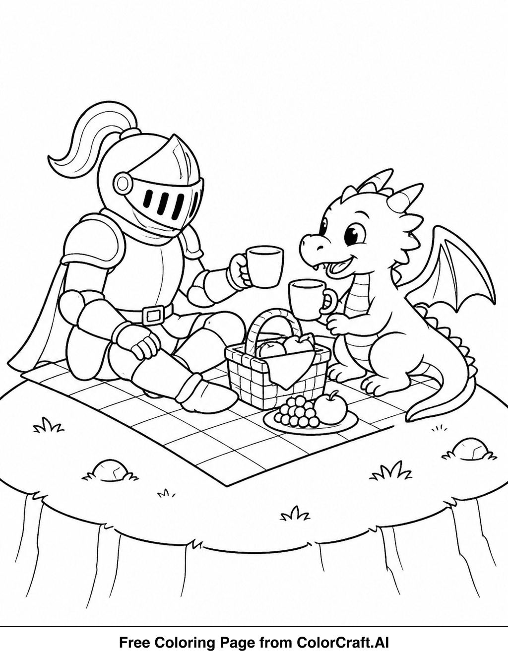 Line drawing of a knight and a small dragon having a picnic on a grassy hilltop with a basket.