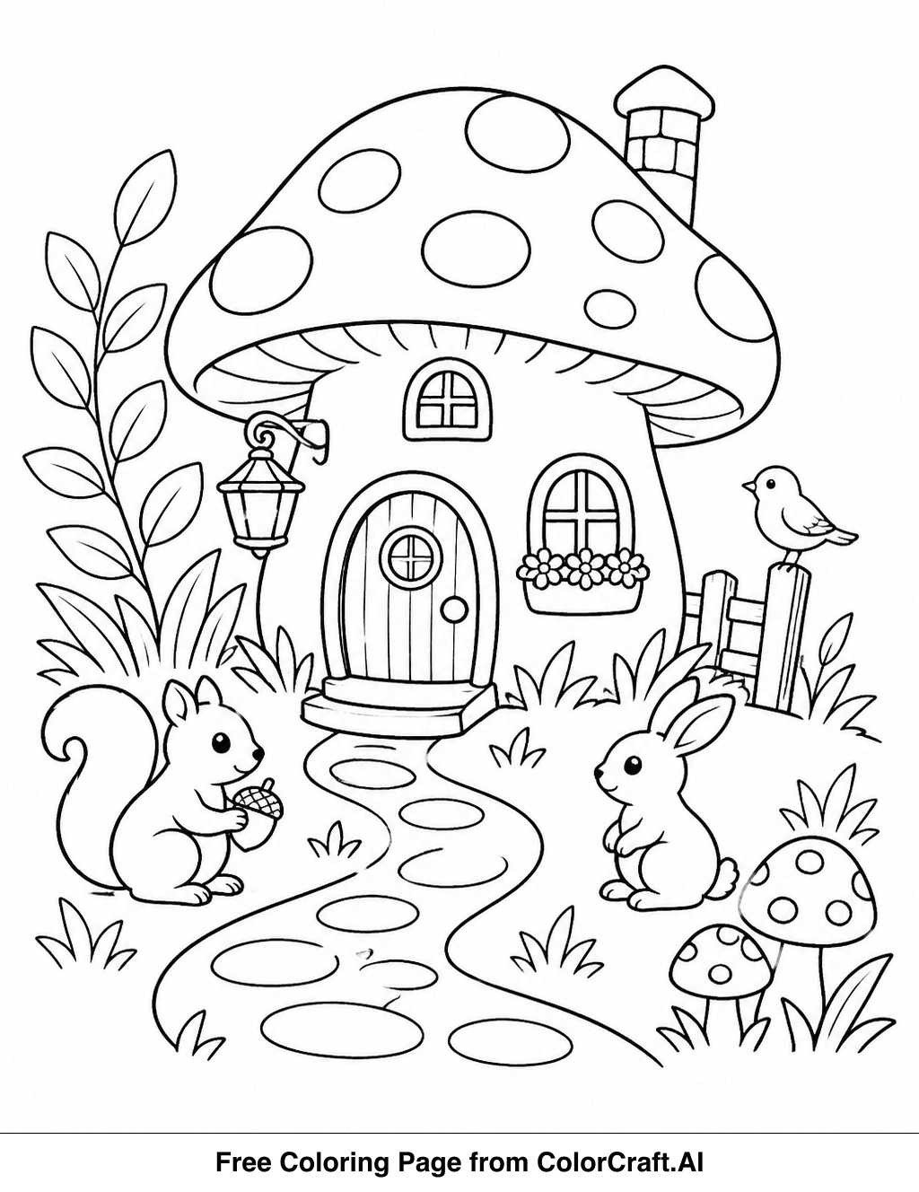 Line drawing of a small mushroom house with a path and forest animals in a fantasy woodland setting.