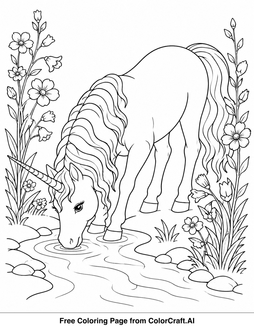 Line art drawing of a mythical unicorn with a horn, drinking water from a stream, surrounded by large flowers.