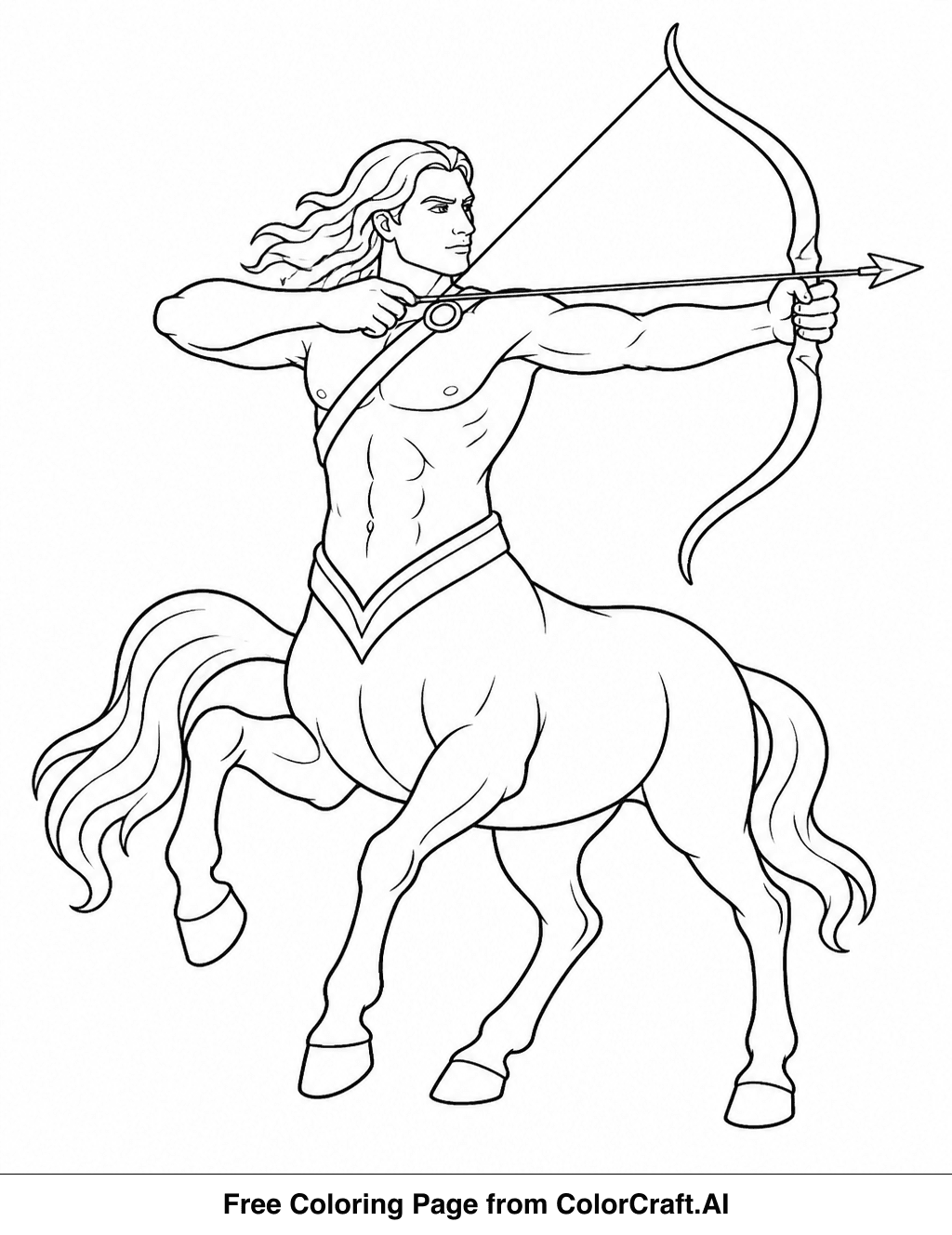 Line drawing of a mythical centaur with a bow and arrow, ready for action.