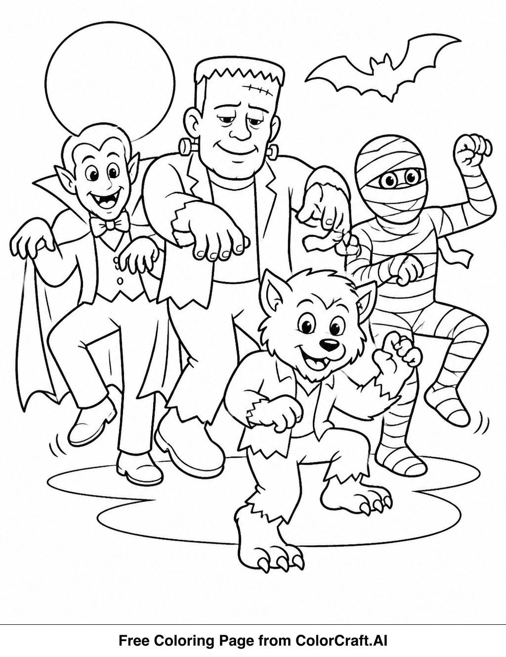 Line drawing of classic monsters including Dracula, Frankenstein's monster, and a mummy standing together.