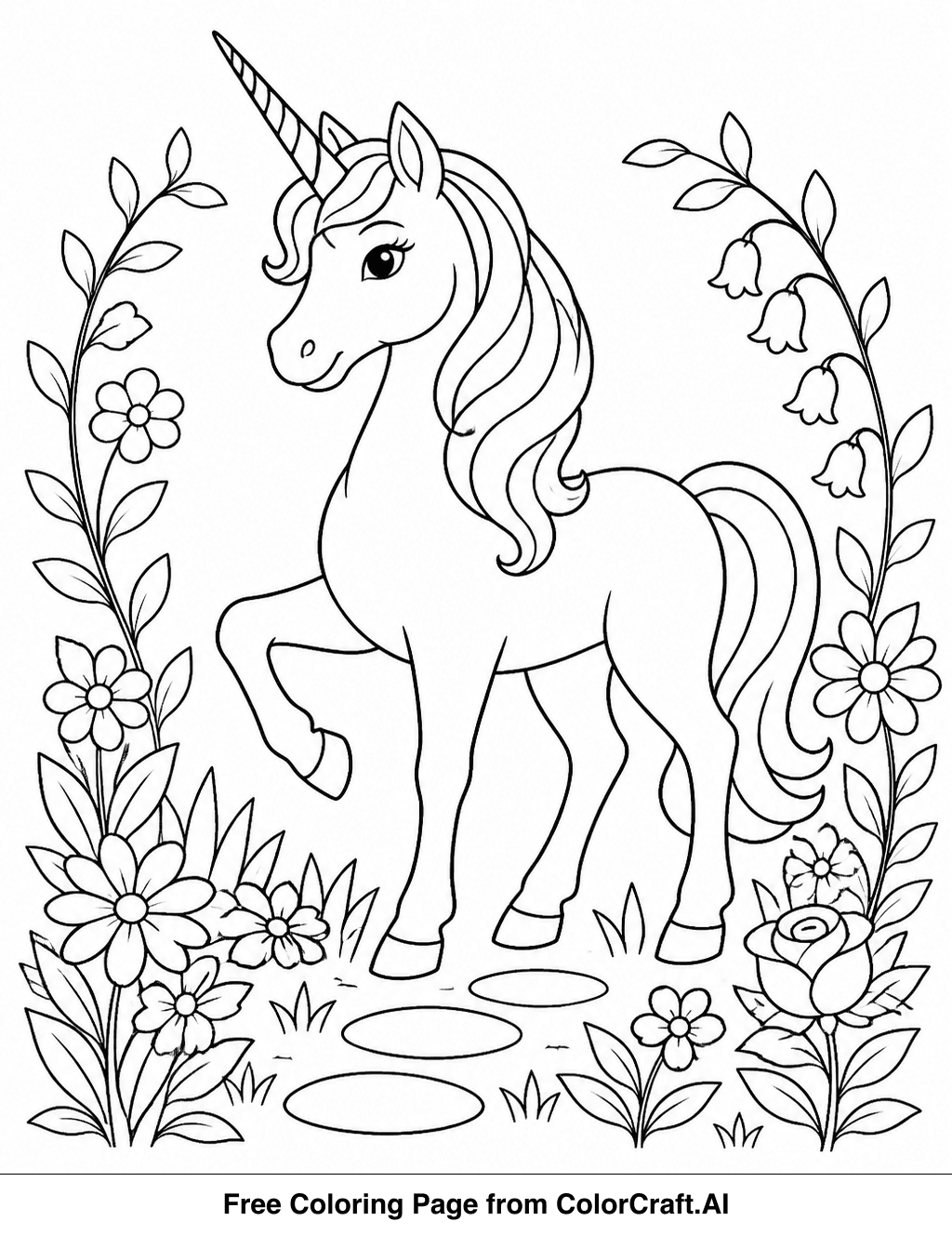 Line drawing of a majestic unicorn standing in a lush, enchanted garden with flowers and vines.