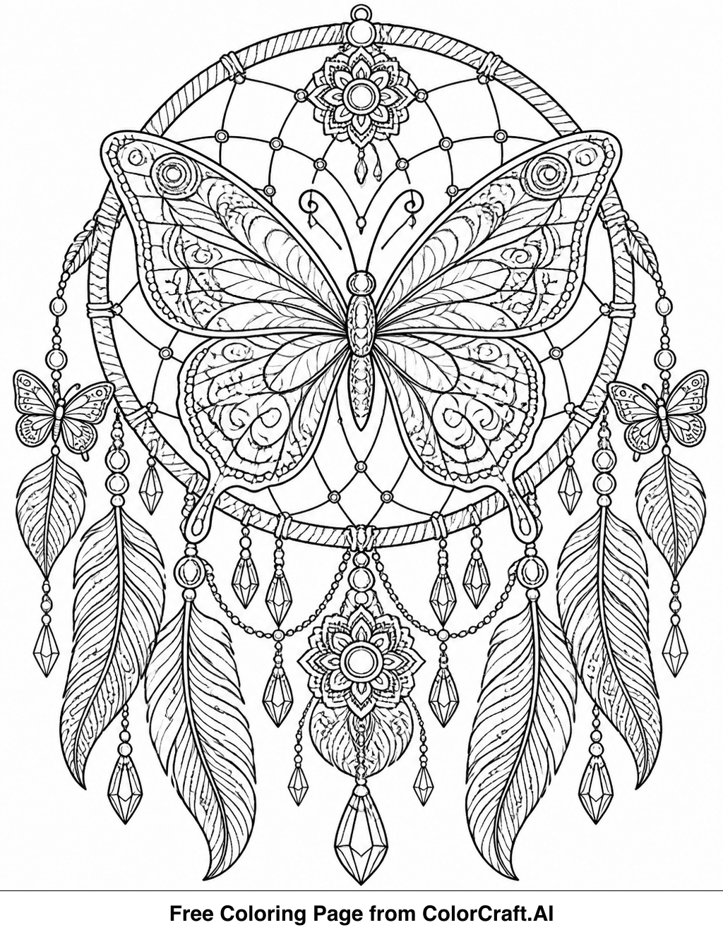 Intricate line drawing of a fantasy dreamcatcher with a butterfly at its center.