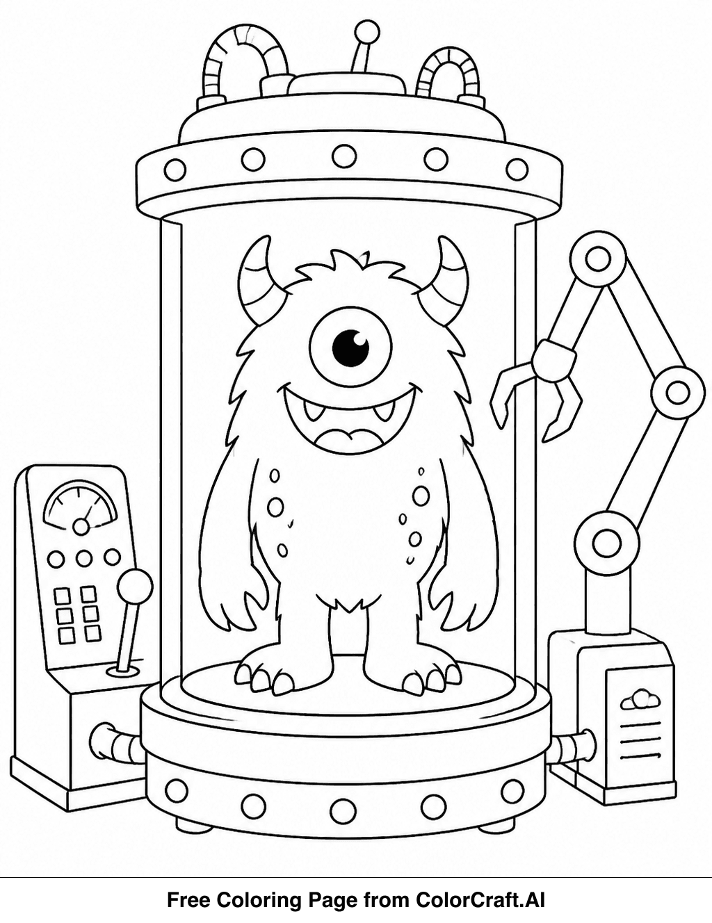 Line drawing of a monster being built in a science lab with bubbling beakers and tools.