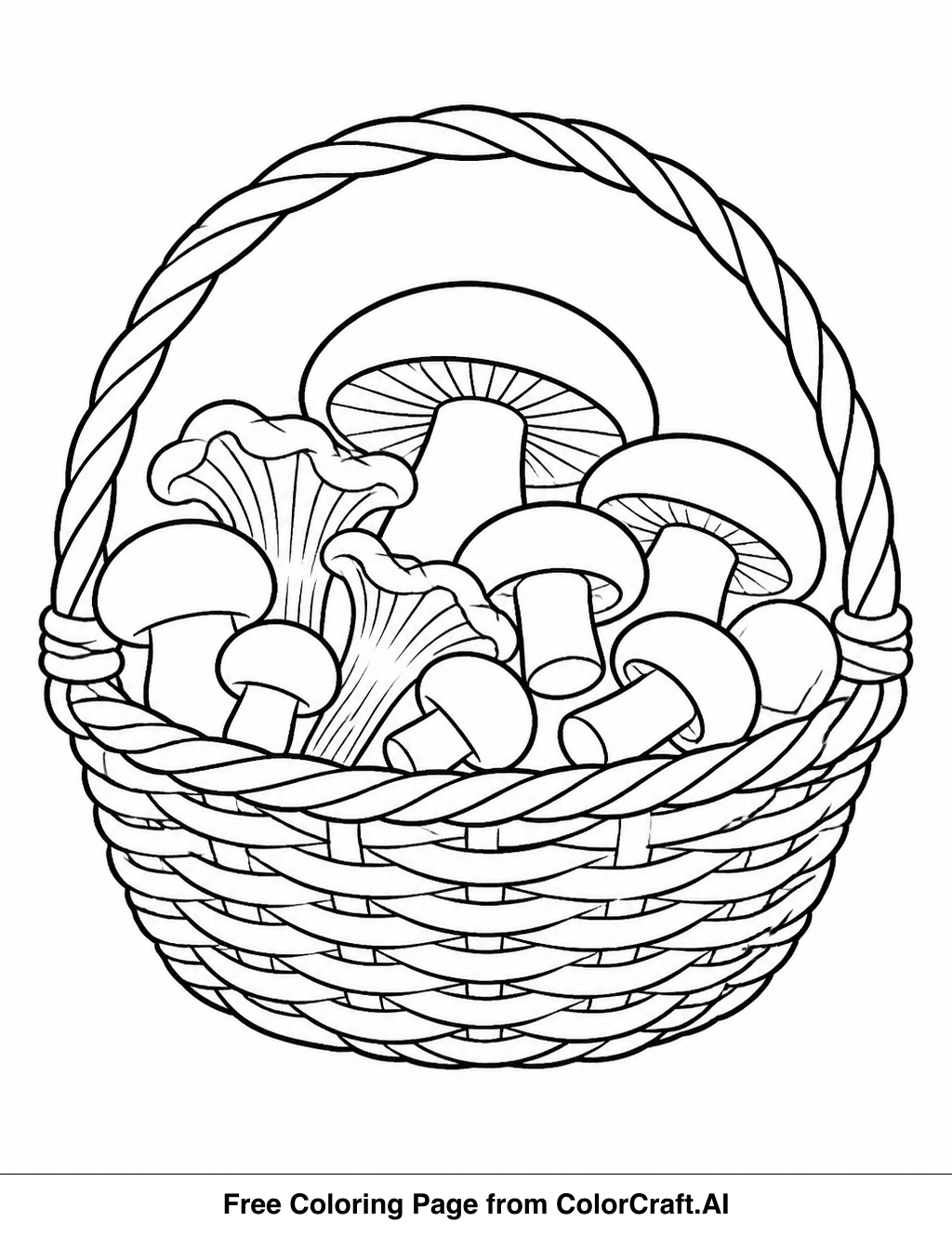 Line drawing of a basket overflowing with various shapes and sizes of mushrooms, ready for coloring.