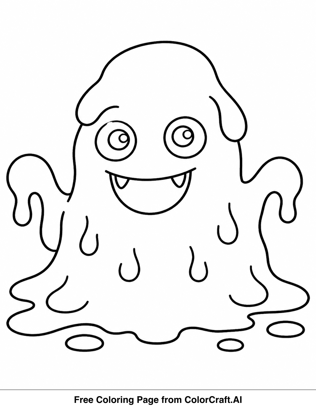 Line drawing of a simple, smiling slime monster with big eyes and a round body.