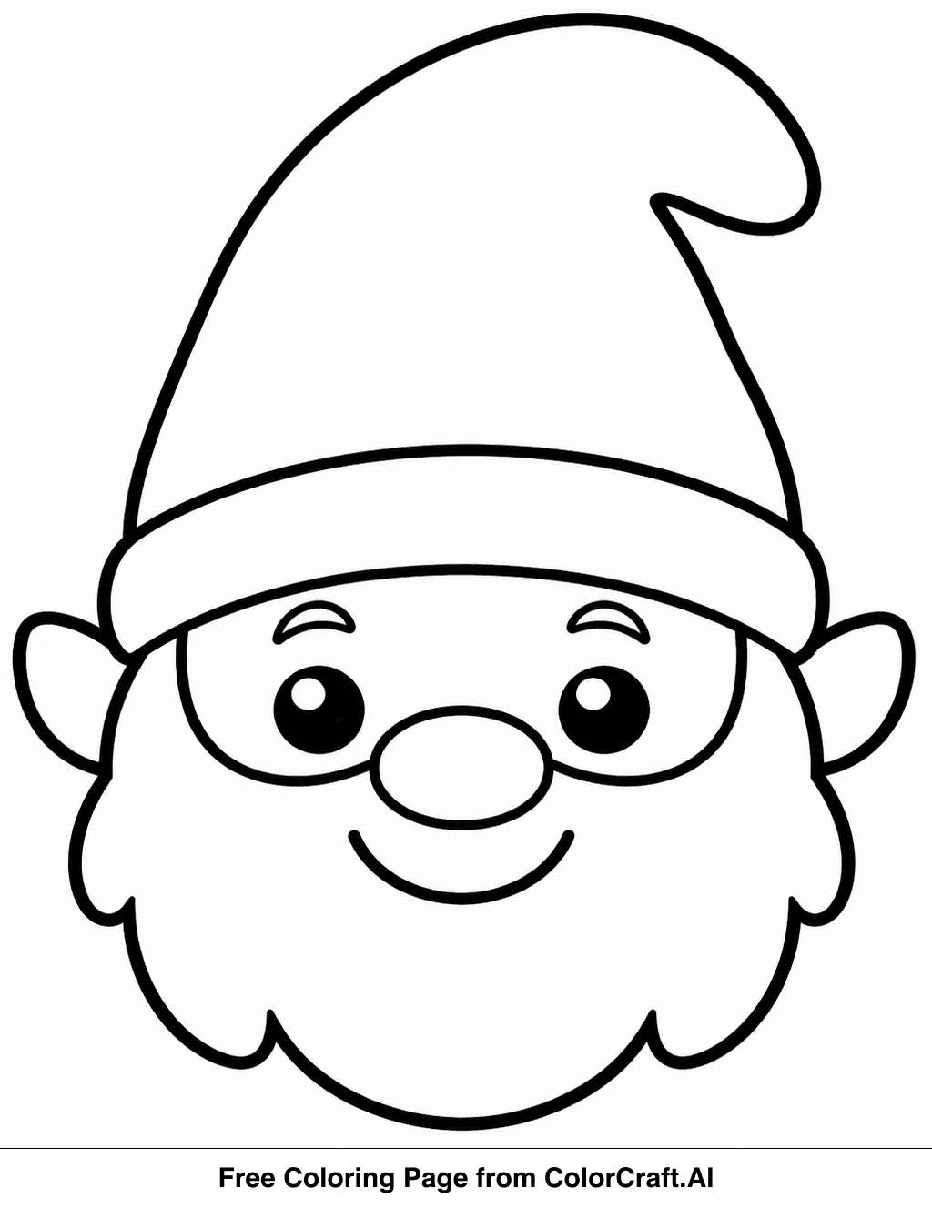 Line drawing of a happy gnome face with a big beard and a tall hat for coloring.