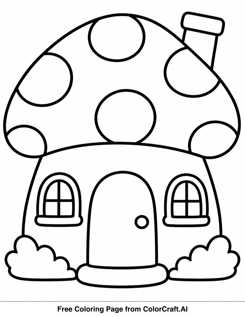 Line drawing of a cute mushroom house with a door and windows, ready for coloring.
