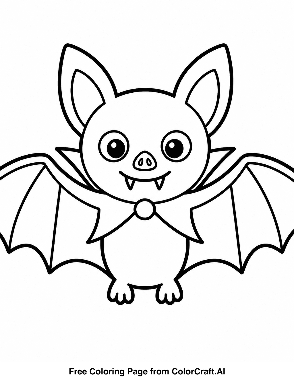 Line drawing of a friendly vampire bat with large eyes and outstretched wings, ready to fly.