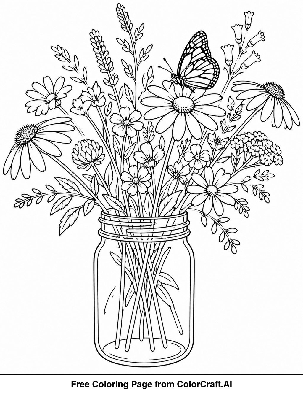 Line drawing of a mason jar filled with various wildflowers, a butterfly rests on a petal.