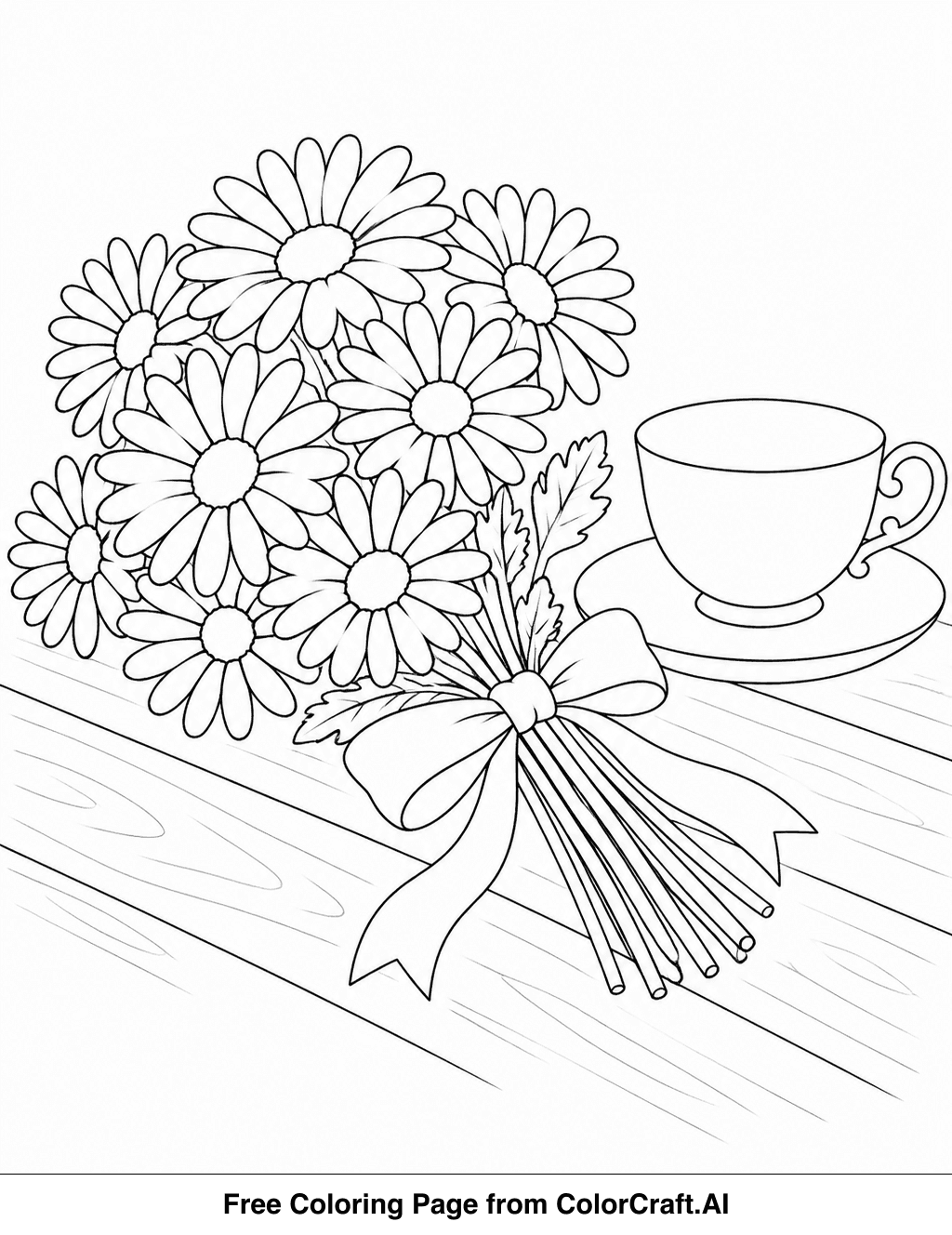 Line drawing of a bunch of daisies tied with a ribbon, placed on a wooden table next to a teacup.