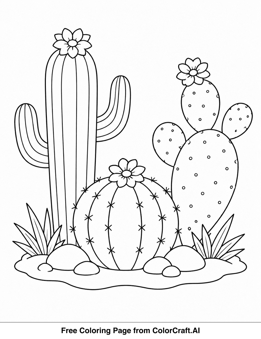 Line drawing of a desert garden with three unique cacti, each topped with a small flower.
