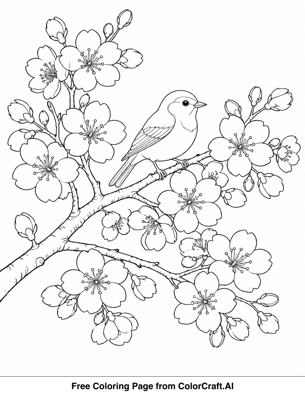 Line drawing of a cherry blossom branch with many flowers and a small bird perched on a twig.