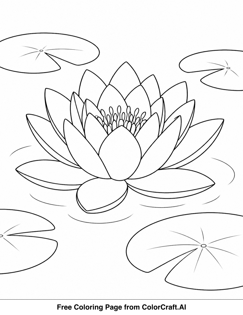 Line drawing of a single lotus flower floating on water with lily pads, ready for coloring.