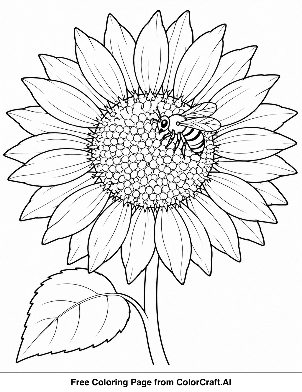 Line drawing of a single sunflower in full bloom with a small bee landing on its center.