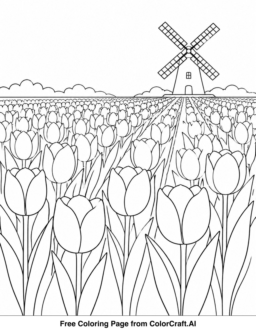 Line drawing of a wide tulip field leading to a distant windmill, perfect for coloring.