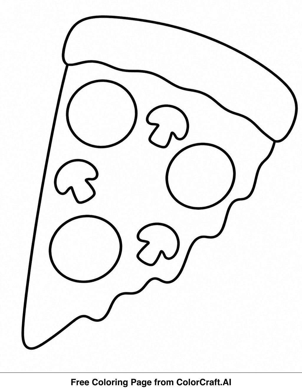 Line drawing of a single pizza slice with toppings, perfect for coloring.