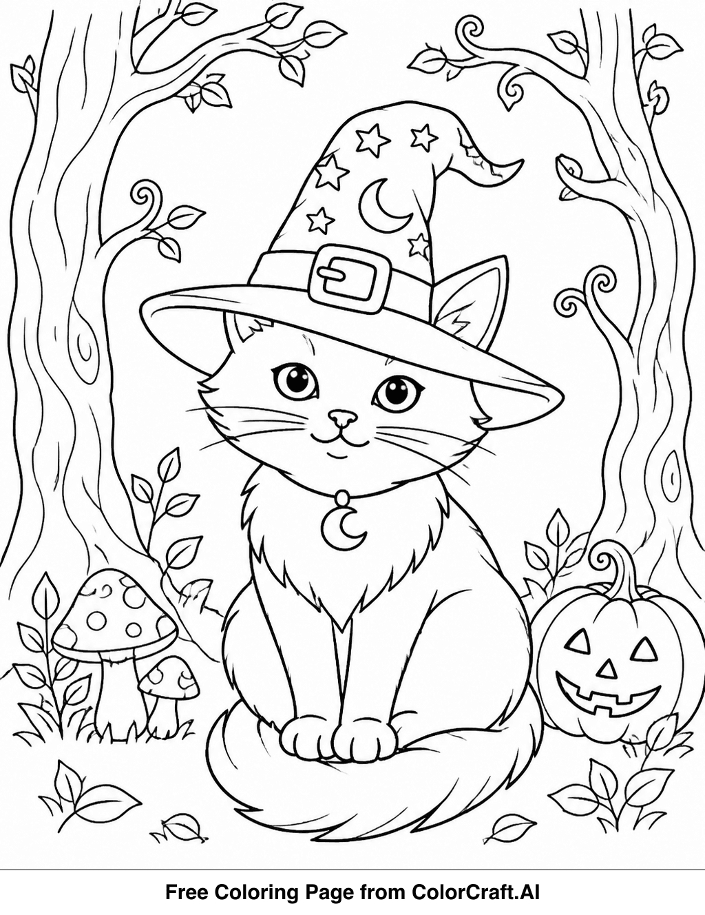 Line drawing of a whimsical Halloween forest with spooky trees, friendly monsters, and a winding path.