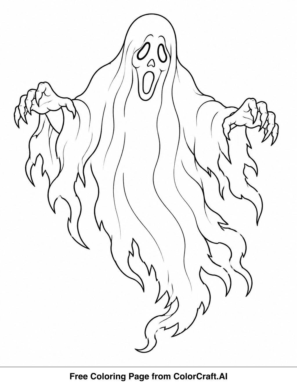 Line drawing of a translucent, flowing ghostly apparition floating ominously in a dark, atmospheric setting.