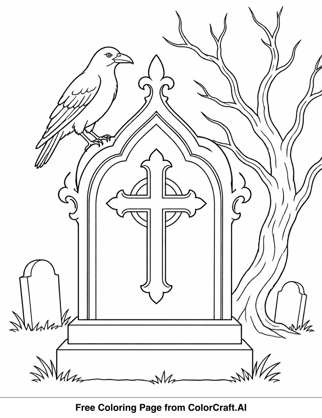 Line drawing of a gothic cemetery with old tombstones, a spooky tree, and a creepy atmosphere.