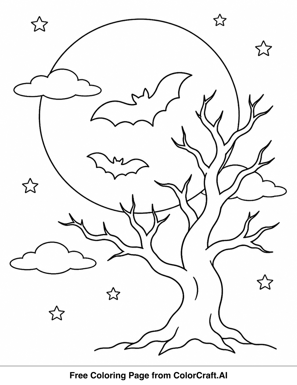 Line drawing of a Halloween night sky with a moon, stars, bats, and a spooky tree.