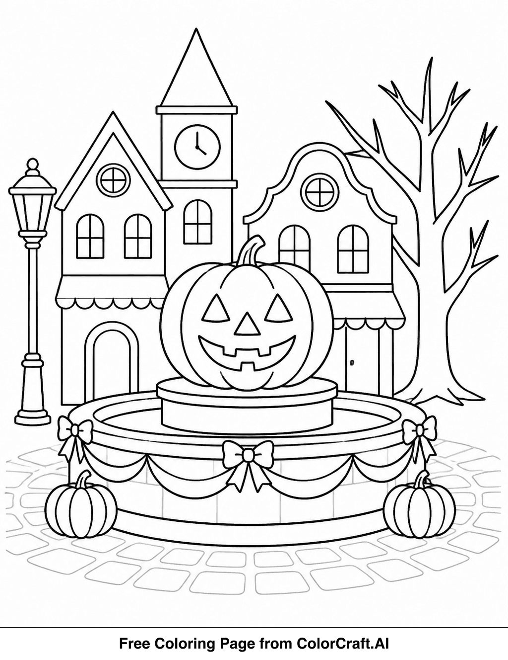 Line drawing of a lively Halloween town square filled with decorations, characters, and autumnal elements.