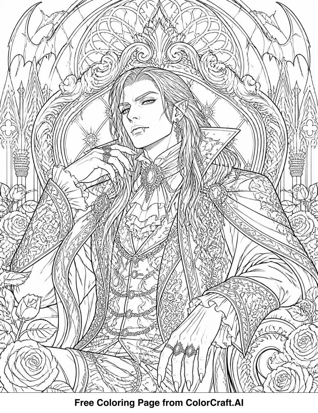 Intricate line drawing of a powerful vampire lord's portrait with detailed facial features and attire.
