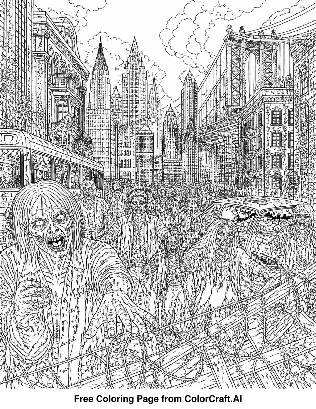 Intricate line drawing of a city street scene with zombies and distressed buildings for a coloring page.