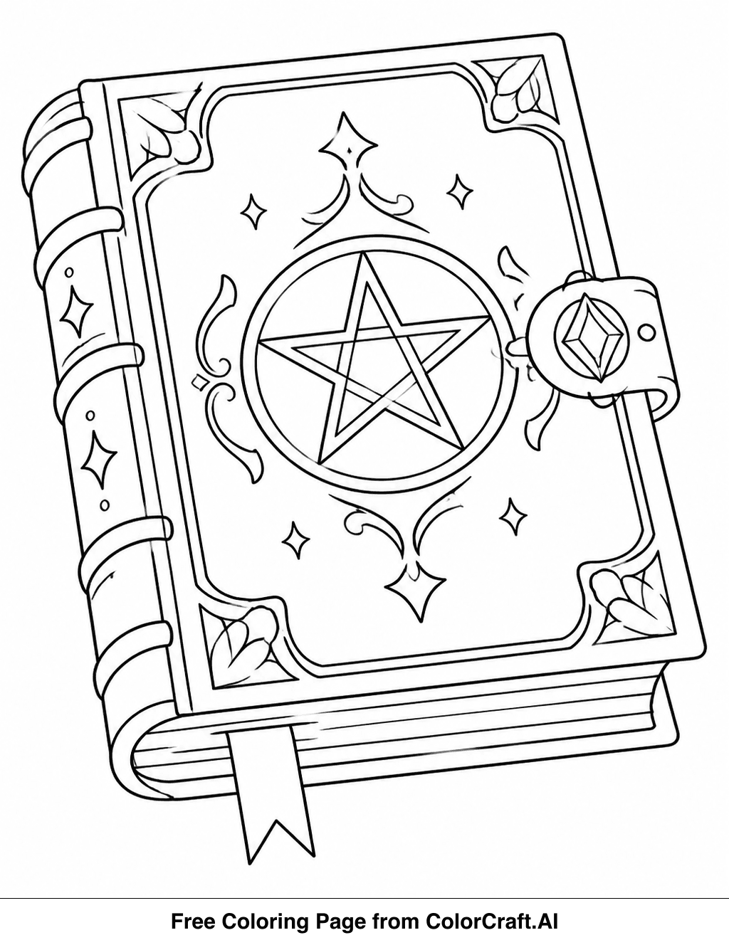 Line drawing of an open spell book with mystical symbols and magical elements on its pages.