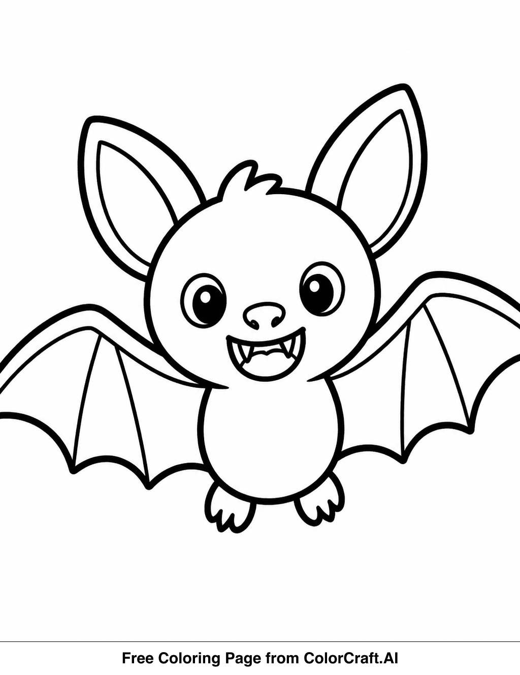 Line drawing of a smiling vampire bat with open wings, ready to be colored.
