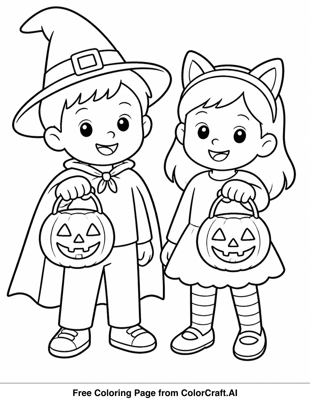 Line drawing of two children in costumes holding bags, standing at a door to receive Halloween treats.