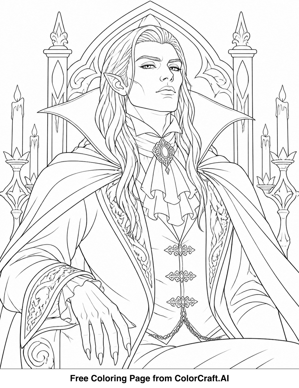 Line drawing of a regal vampire lord in a detailed portrait, perfect for coloring.