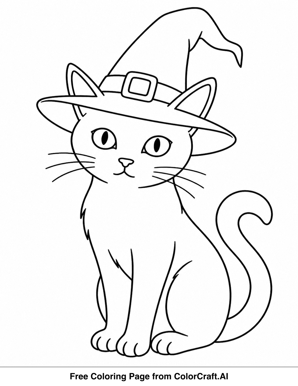 Line drawing of a witch with a pointed hat standing next to her cat, ready for coloring.