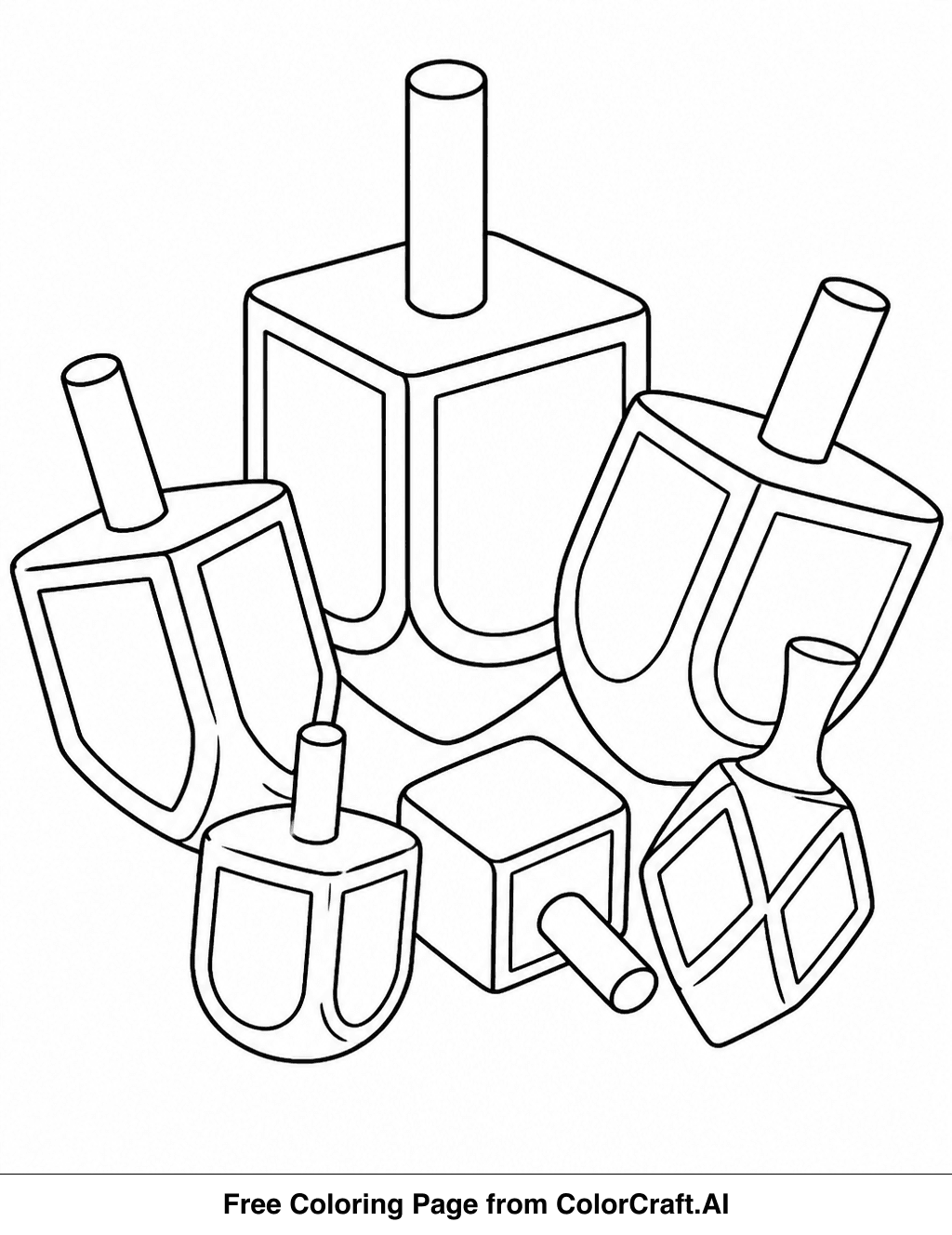 A collection of various dreidels, intricately designed, waiting to be colored. Includes Hebrew letters.