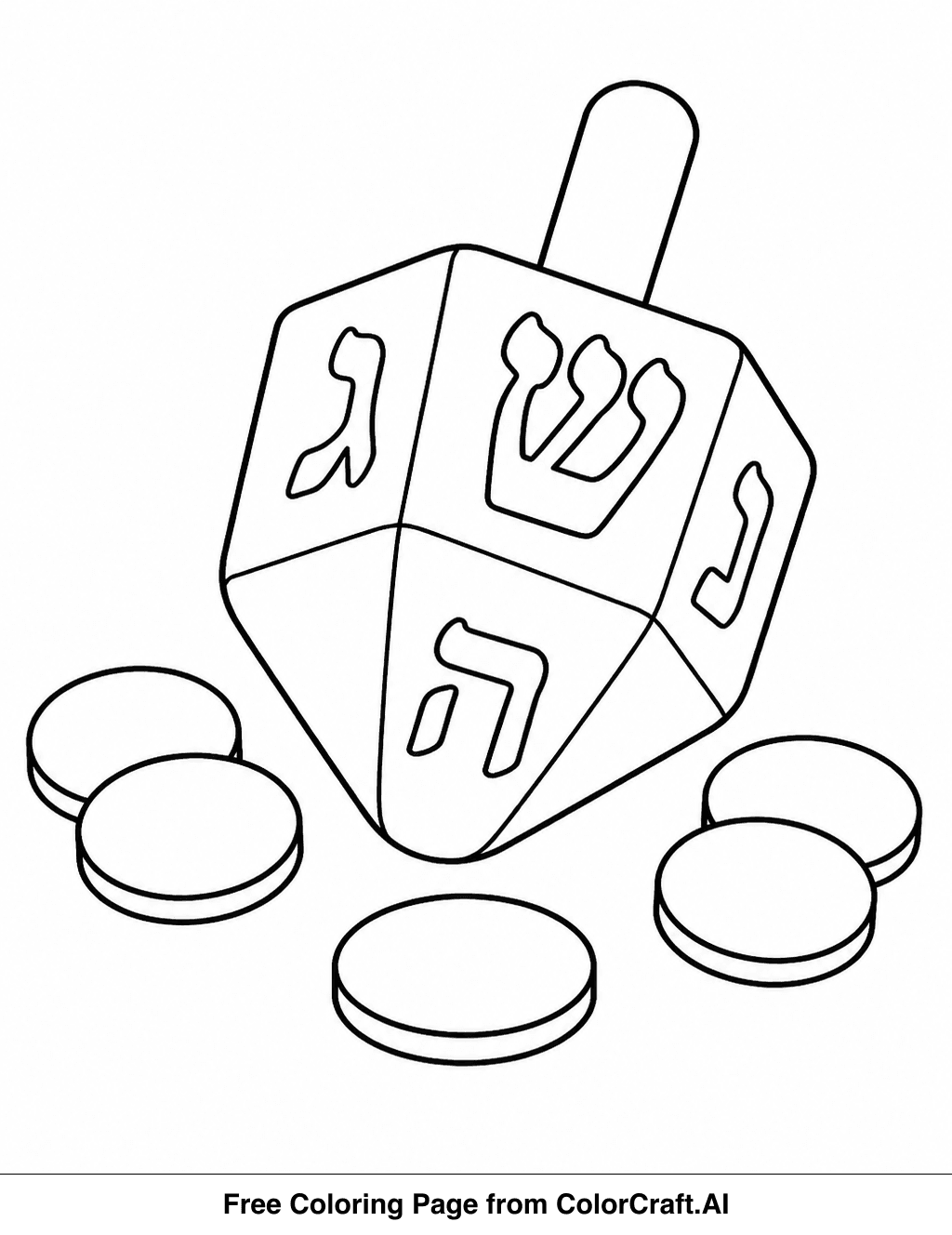 Line drawing of a dreidel with Hebrew letters and game instructions for a coloring page.