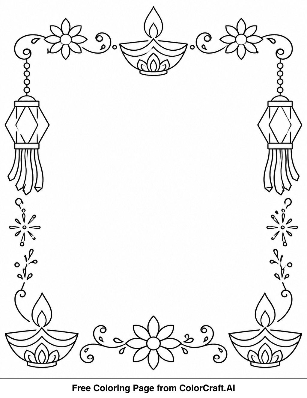 Line art illustration of a decorative border with Hanukkah symbols like dreidels and menorahs.