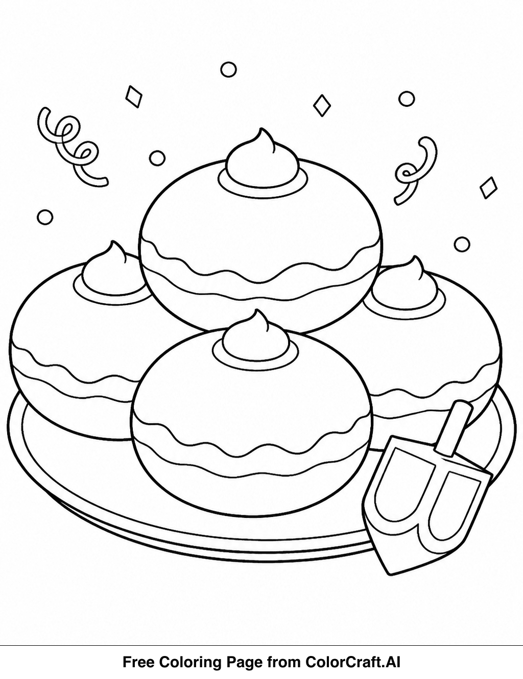 Line drawing of several round sufganiyot donuts, some with powdered topping, ready for coloring.