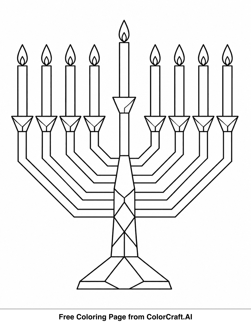 Line drawing of a menorah with a repeating geometric pattern, ready for coloring.