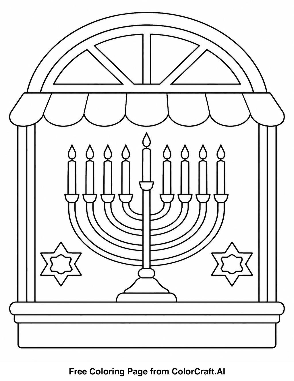 Line drawing of a Hanukkah window display with menorah, dreidels, and festive decorations.