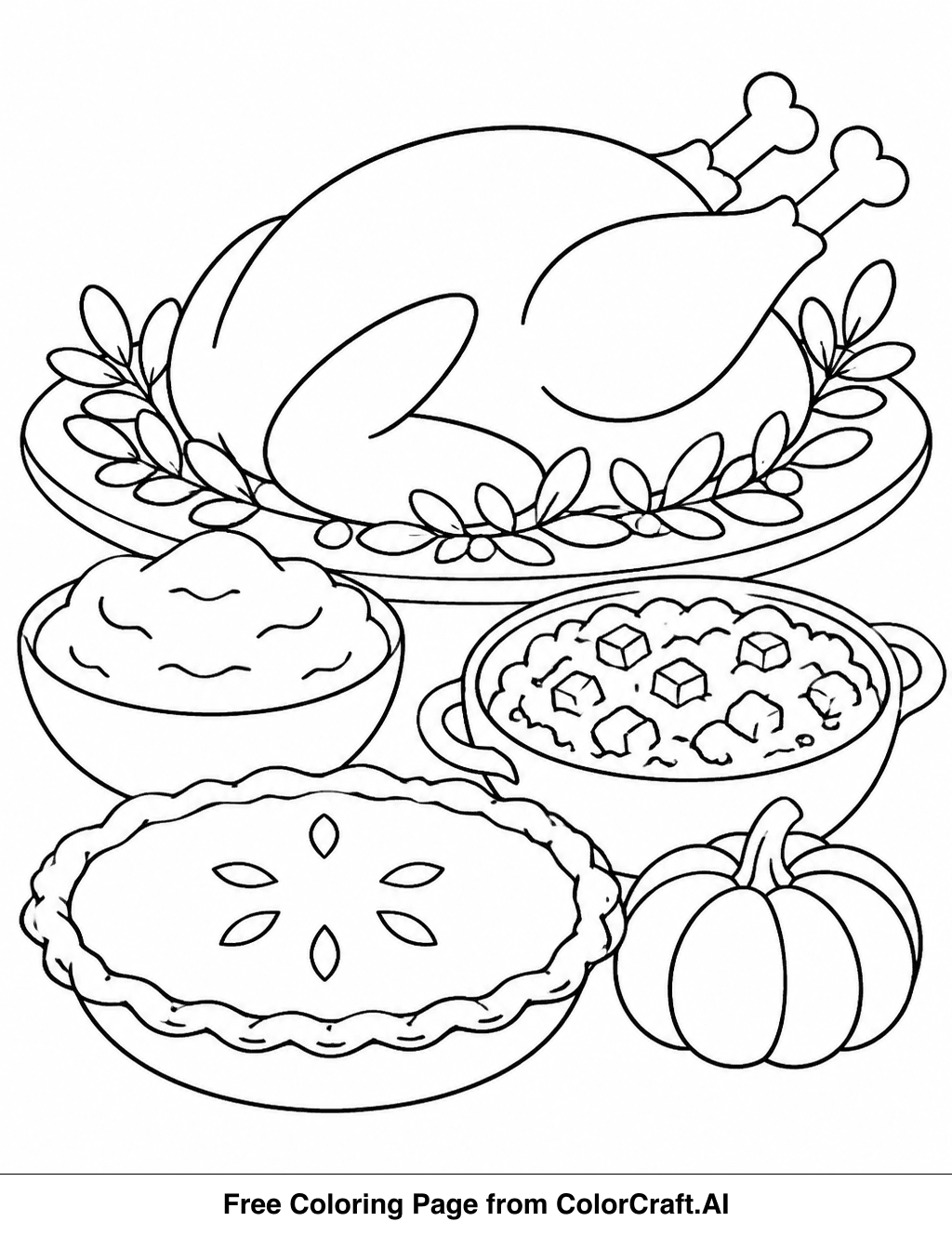 Line drawing of a Hannukah holiday food spread with menorah, dreidels, and delicious treats.