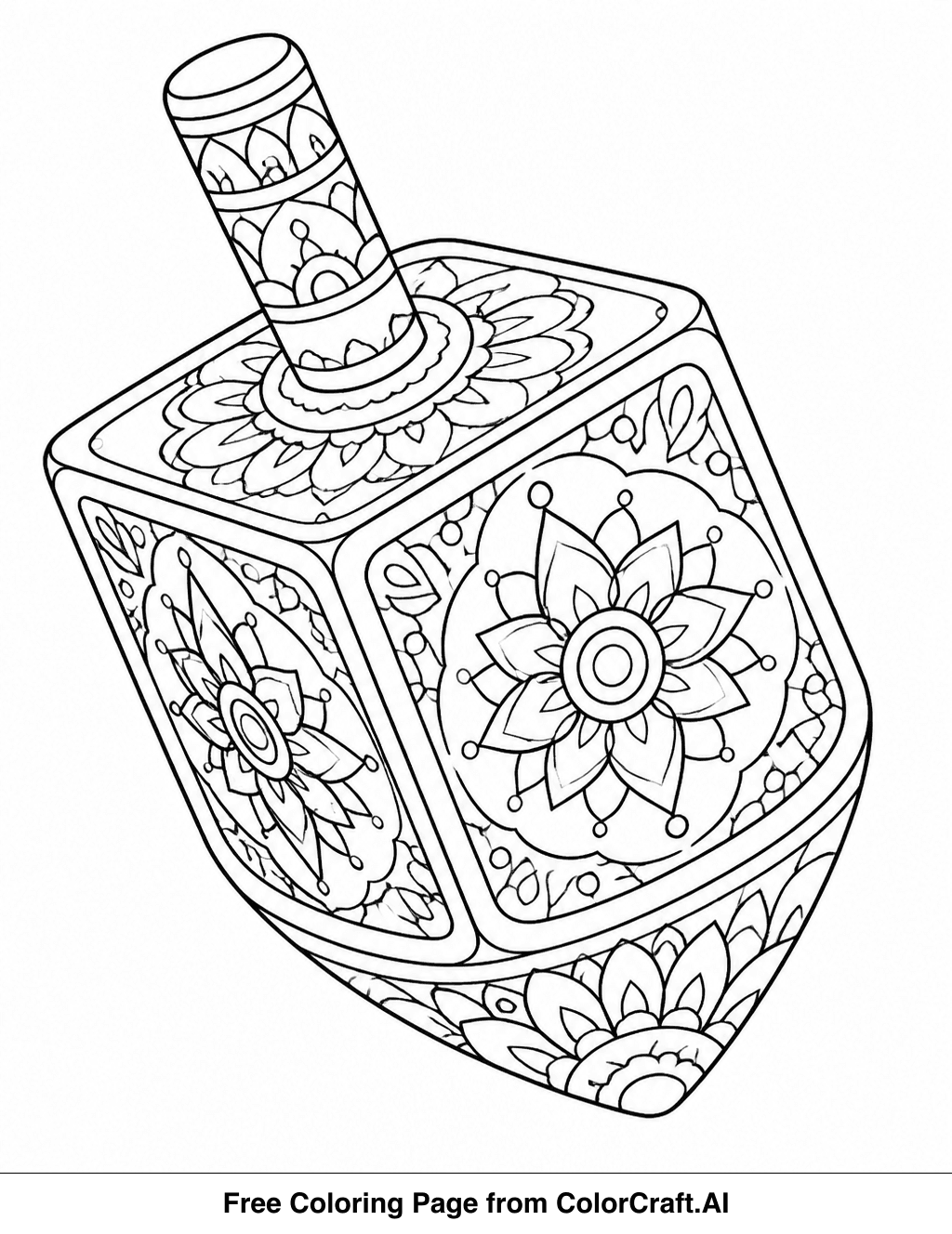 Line drawing of a dreidel with a detailed mandala pattern, ready to be colored.