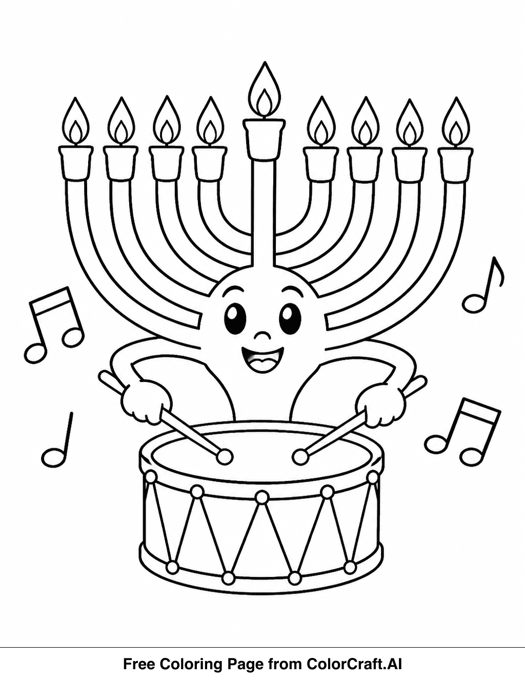 Line drawing of a menorah, dreidels, and musical instruments for a Hanukkah celebration.