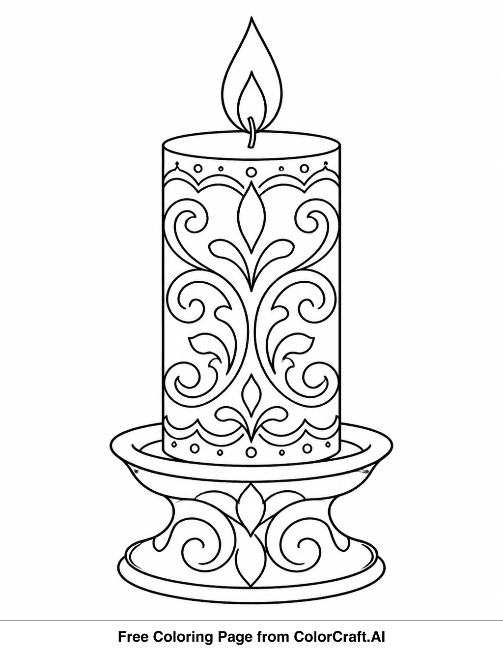 Line drawing of a Hanukkah ornamental candle pattern for a printable coloring page.