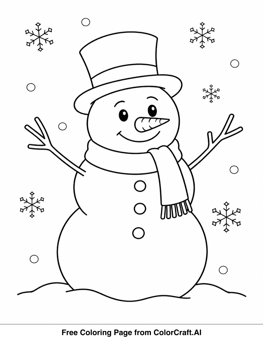 Line drawing of a friendly snowman wearing a top hat and scarf, surrounded by falling snowflakes, ready to be colored.